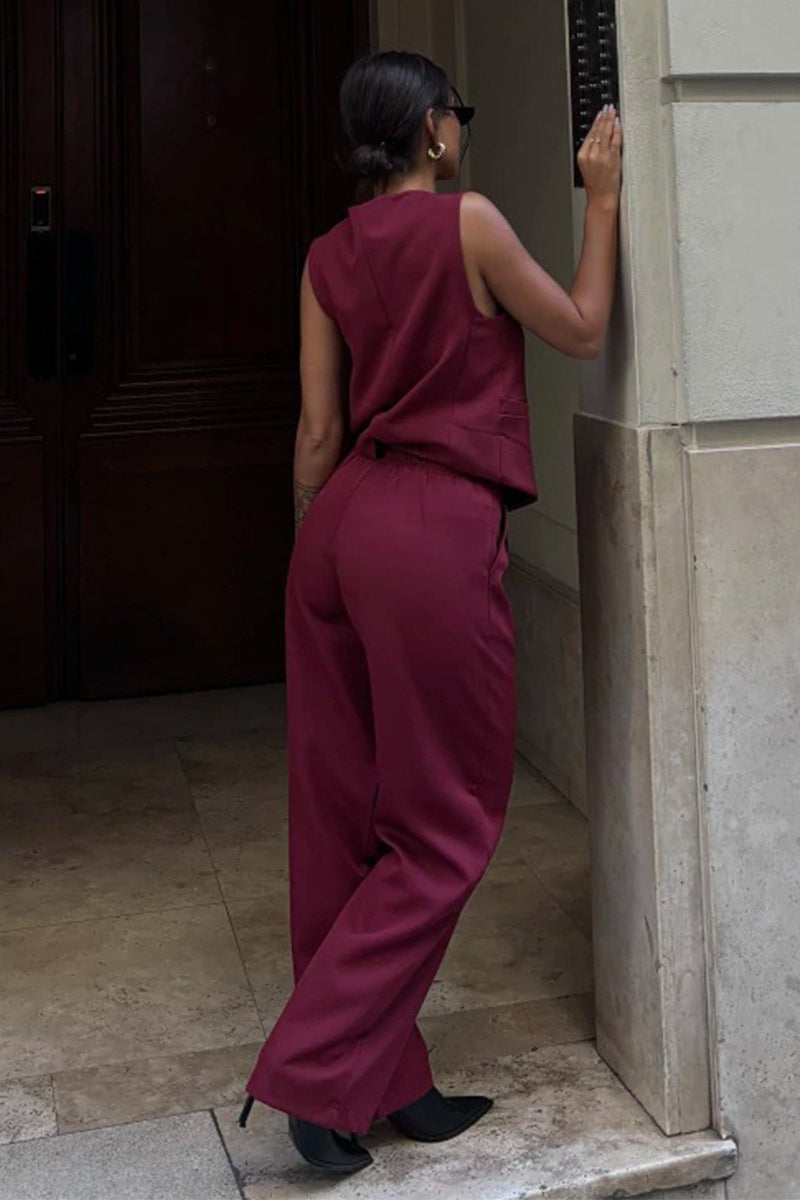 Back view of the women's tailored vest and straight-leg pants set