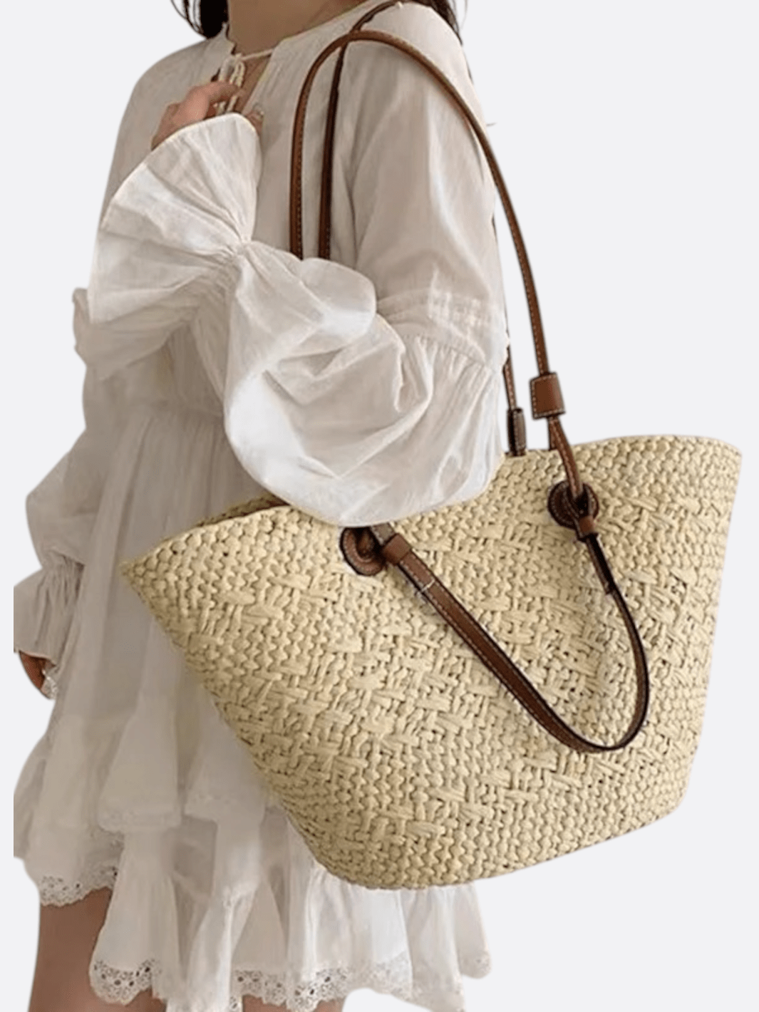 Straw and Leather Tote Bag for Women