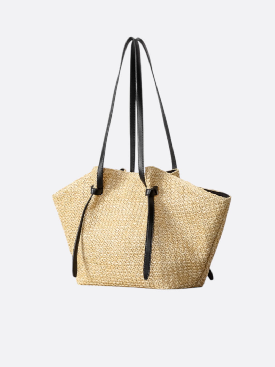 Straw and Black Leather Tote Bag