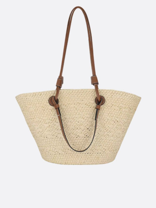 Straw and Leather Tote Bag for Women