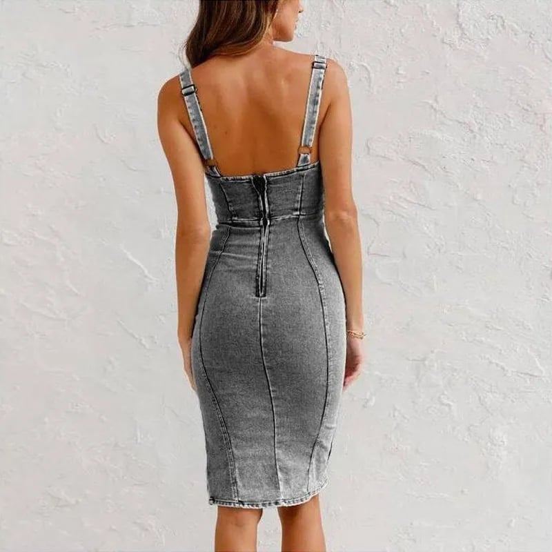 Women's denim bodycon dress presented as a versatile wardrobe style