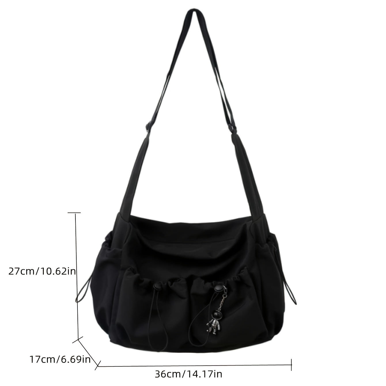 Women's crossbody shoulder bag styled to show multiple storage pockets