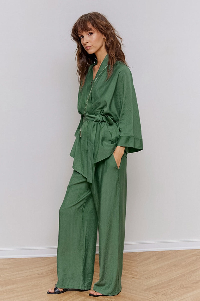 Straight-leg pajama pants paired with a matching sleepwear top