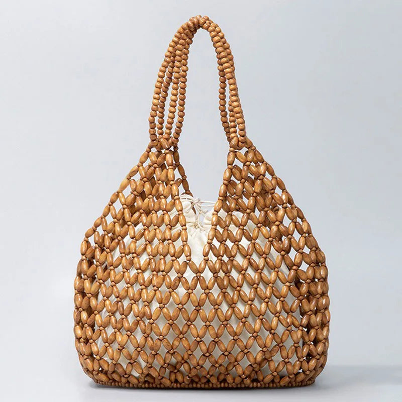 Handmade Woven Beaded Wooden Shoulder Beach Bag for Women