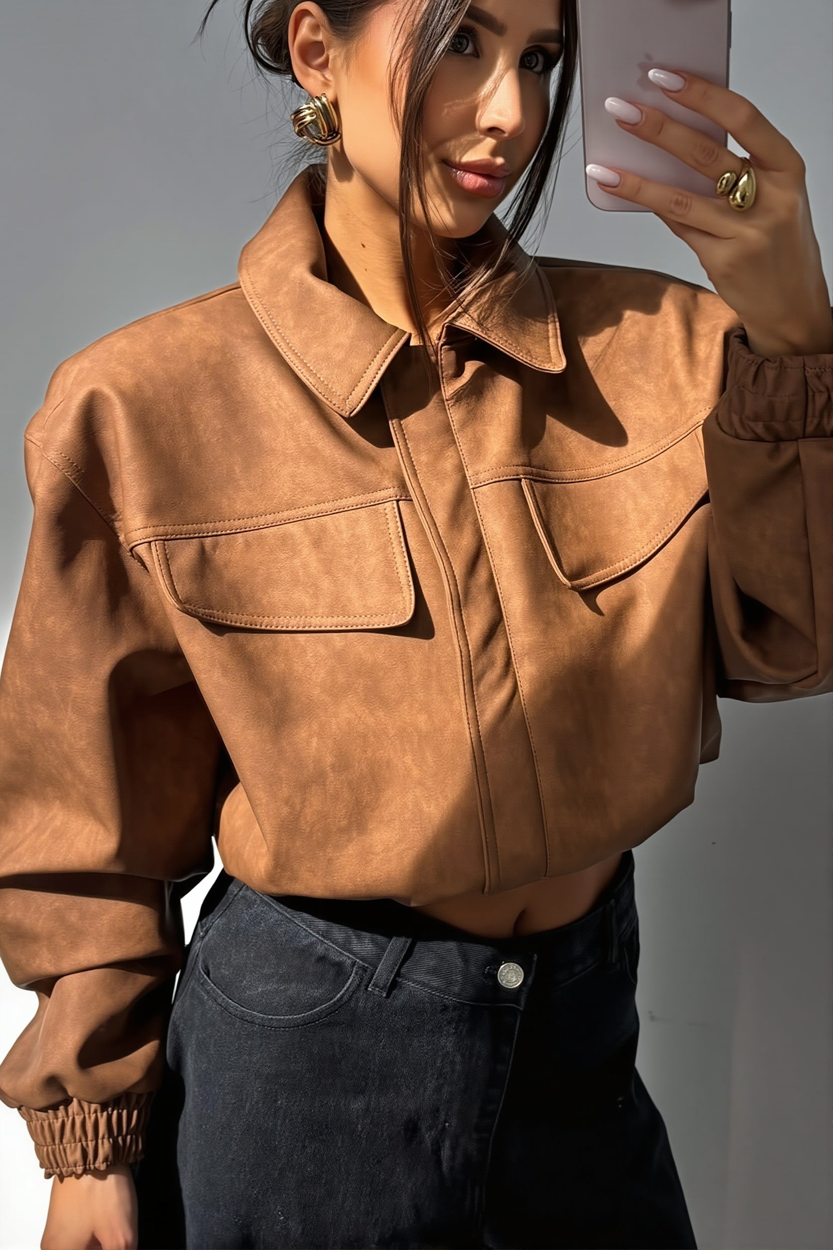 Suede look utility bomber jacket shown from the front