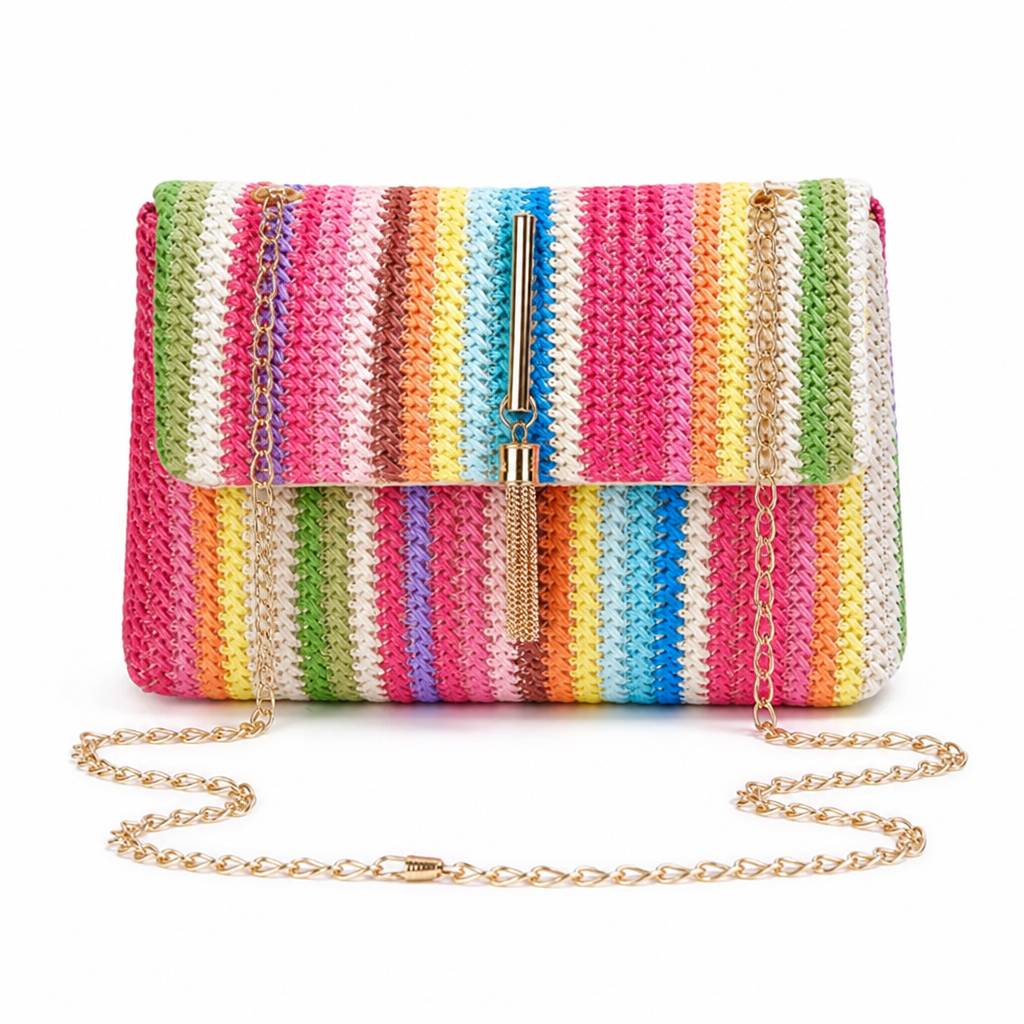Rainbow Stripe Straw Crossbody Bag with Tassel Accent for Women