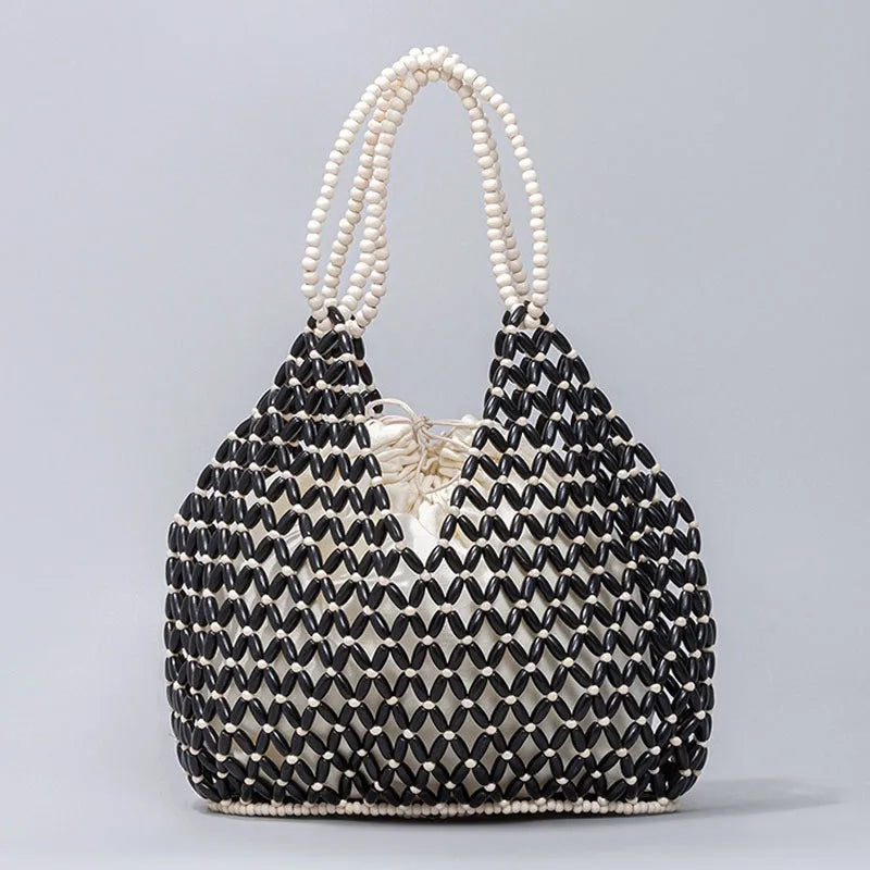 Handmade Woven Beaded Wooden Shoulder Beach Bag for Women