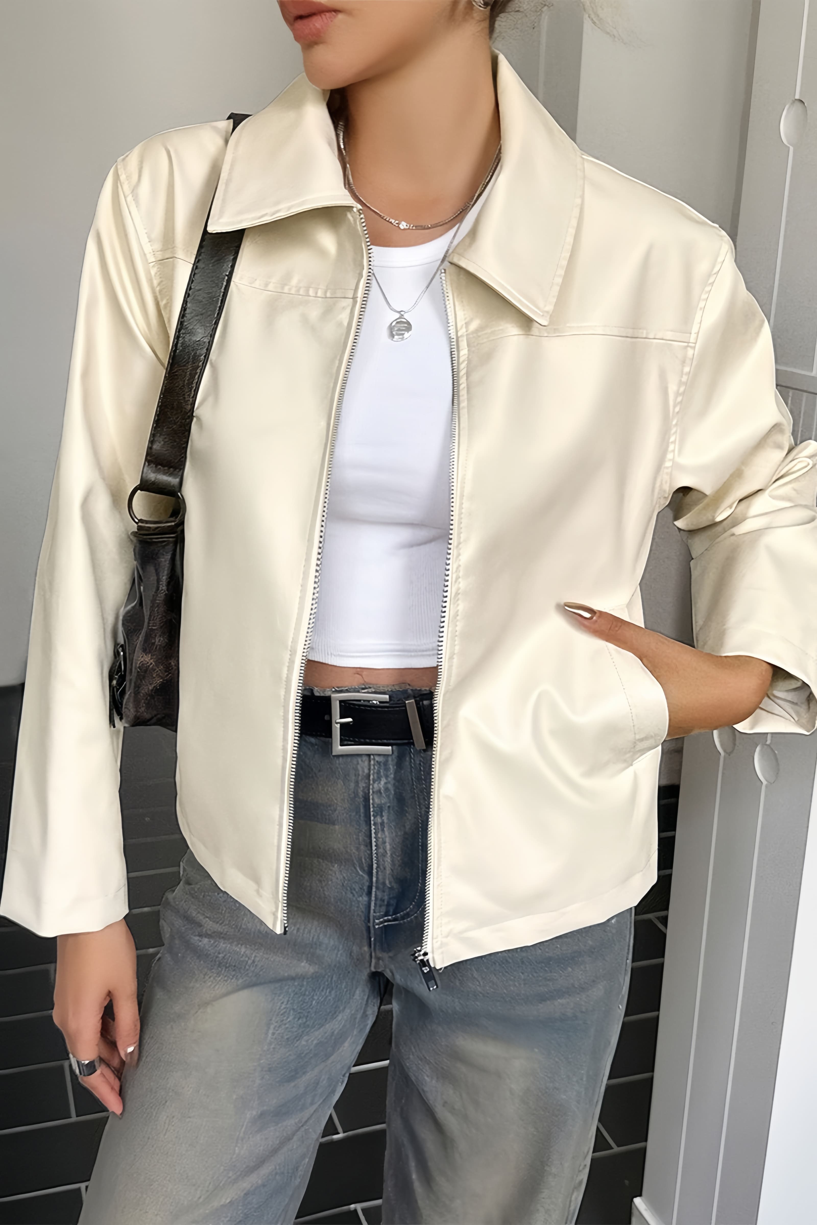 Back view of the faux leather jacket and its clean design