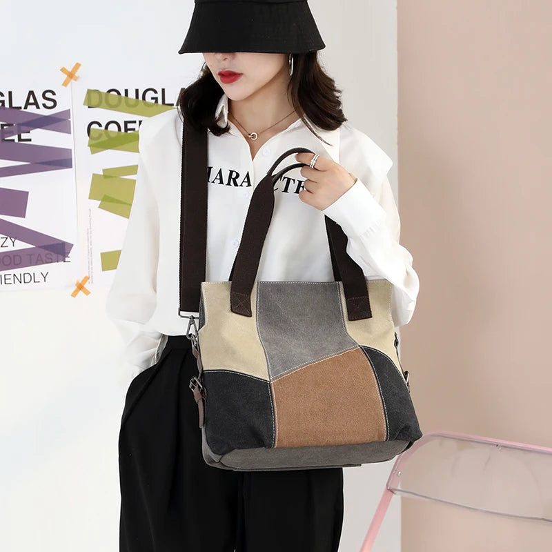 Canvas Patchwork Top-Handle Crossbody Shoulder Bag Women's Vintage Tote