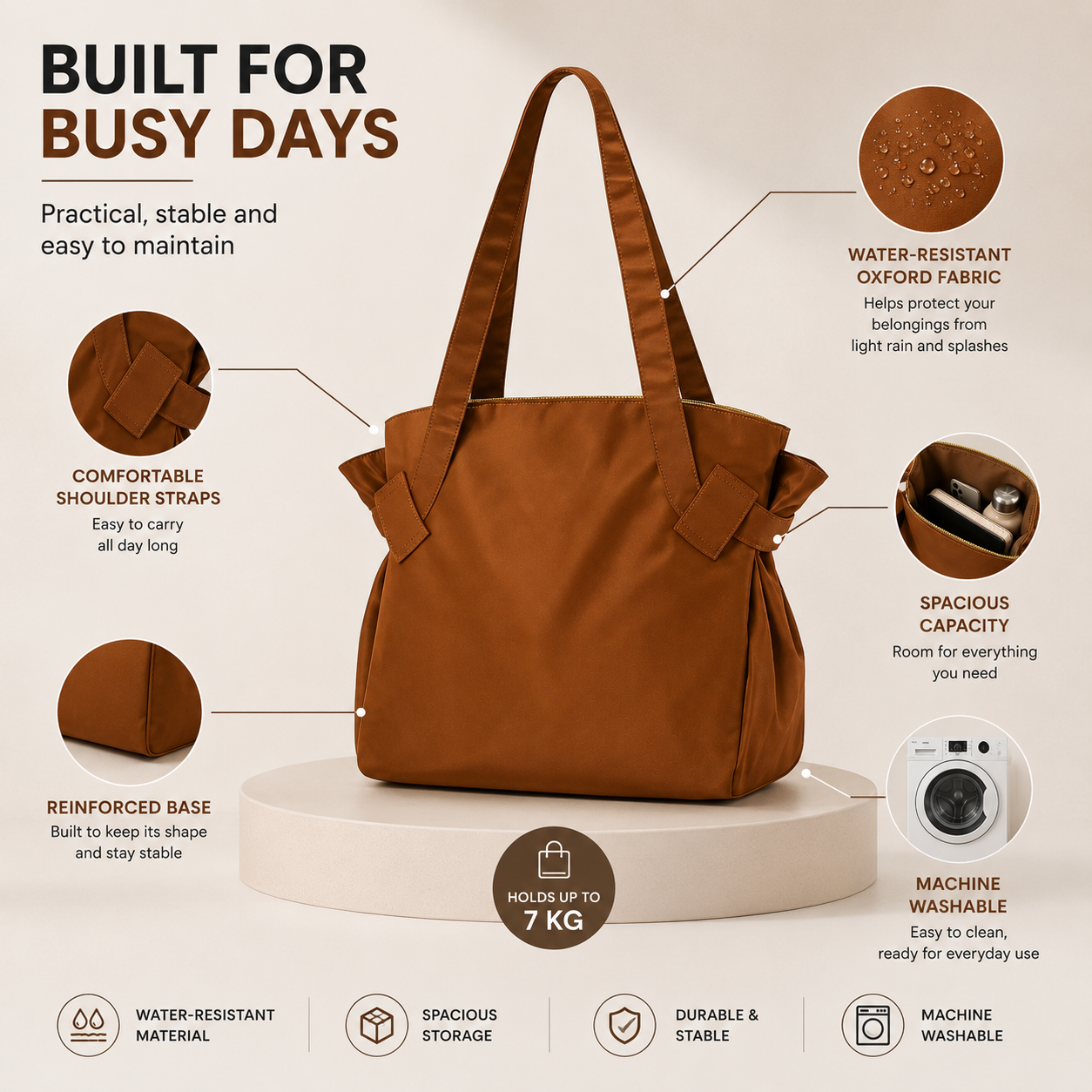 Water-resistant washable tote bag shown from the back in a studio product image