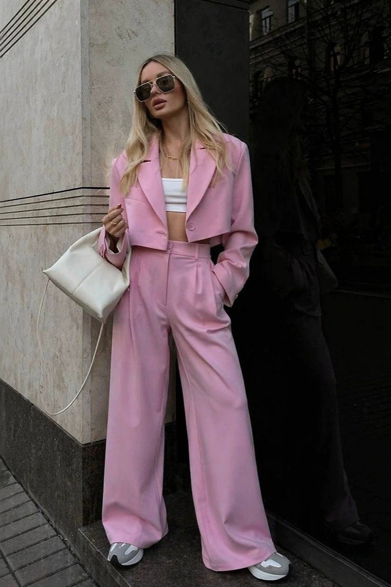 Cropped blazer paired with straight-leg pants for a polished look