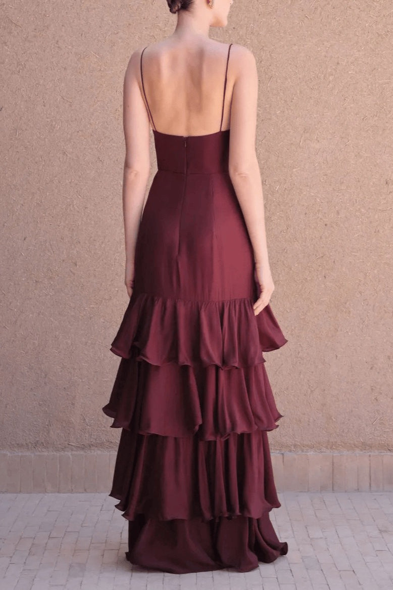 Back view of the burgundy maxi dress with its sweeping hem