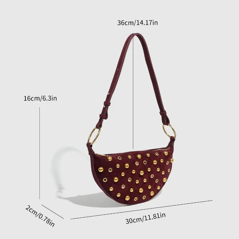Studded Leather Crescent Shoulder Bag