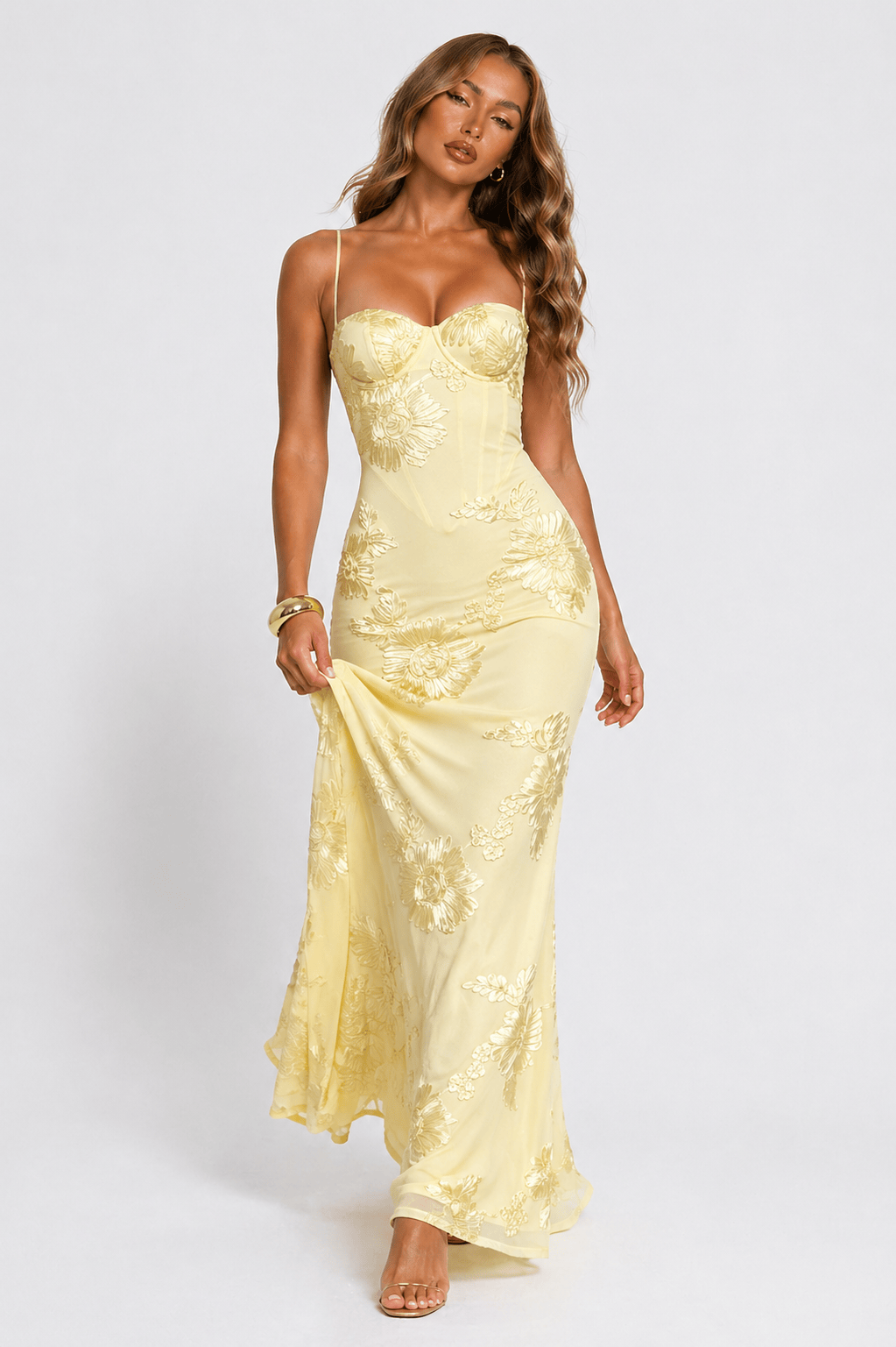 Women's floral jacquard corset-fit maxi dress shown from the front