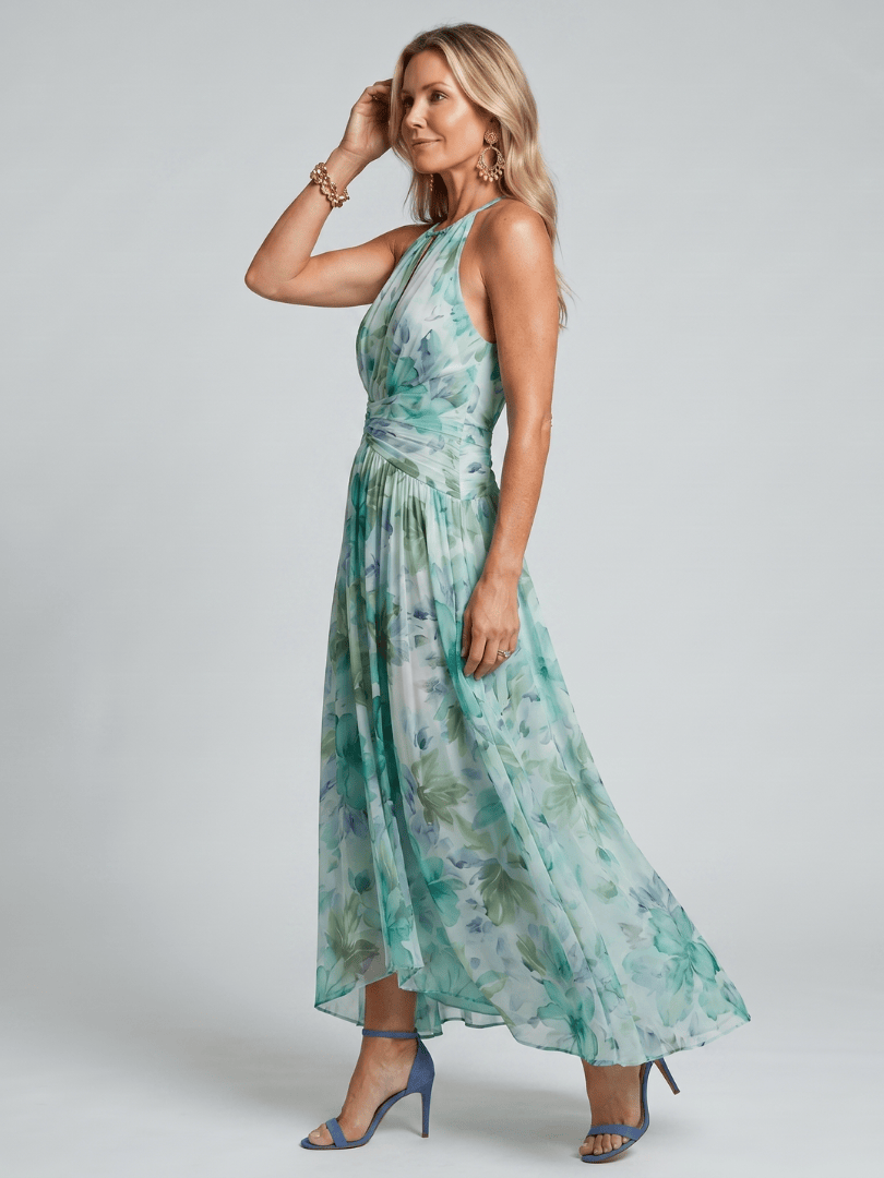 Front view of a women's pleated halter neck maxi dress