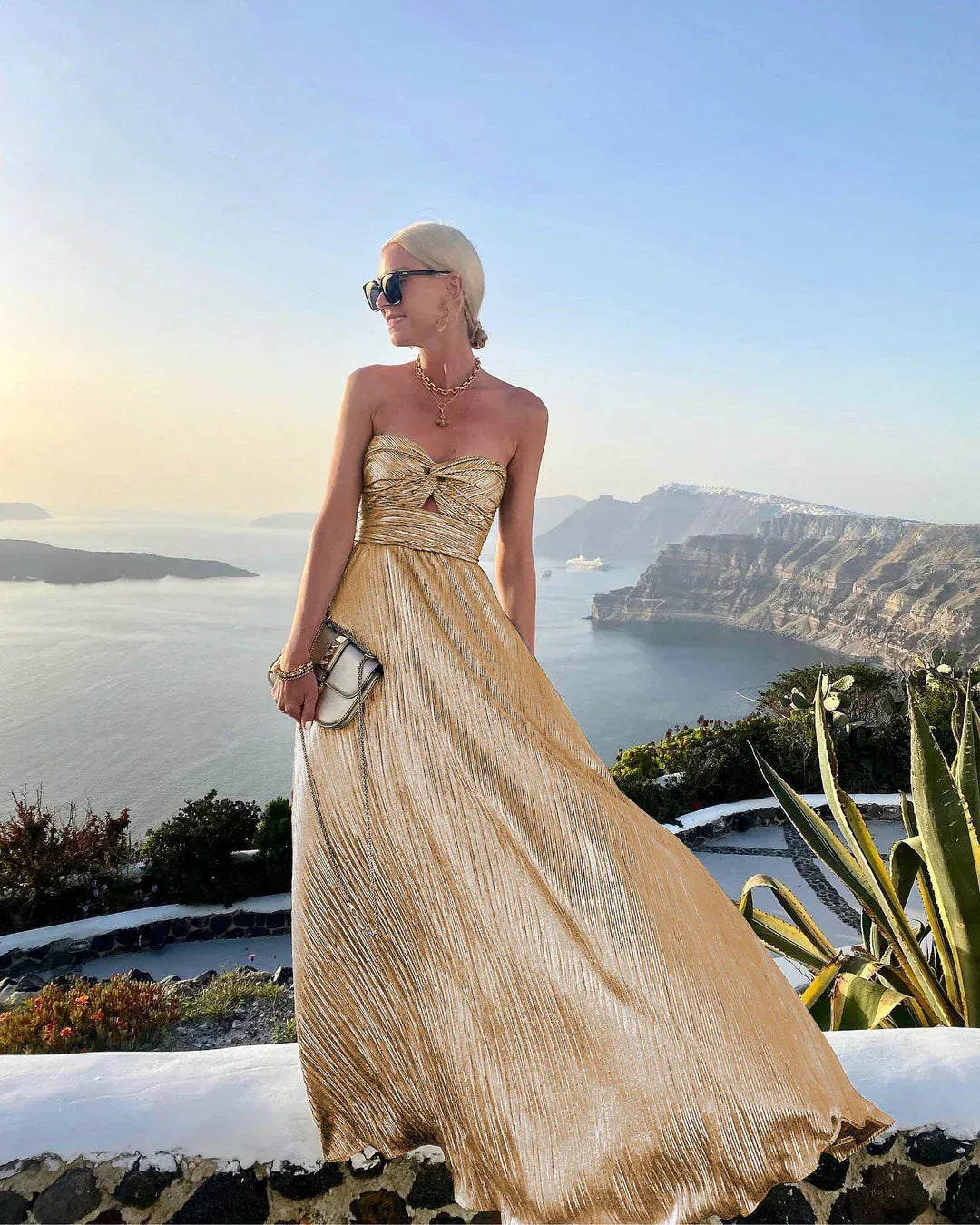 Back view of the women's strapless maxi dress