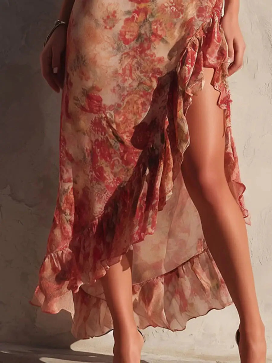 Close-up of the floral print and ruched detail on the dress
