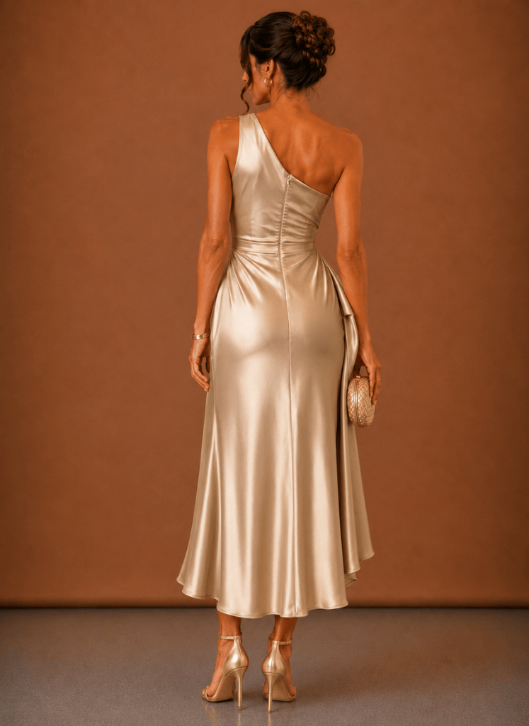 Satin fabric detail on a women's one-shoulder midi dress