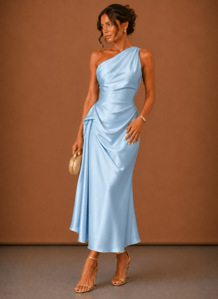 Women's satin one-shoulder midi dress shown from the front