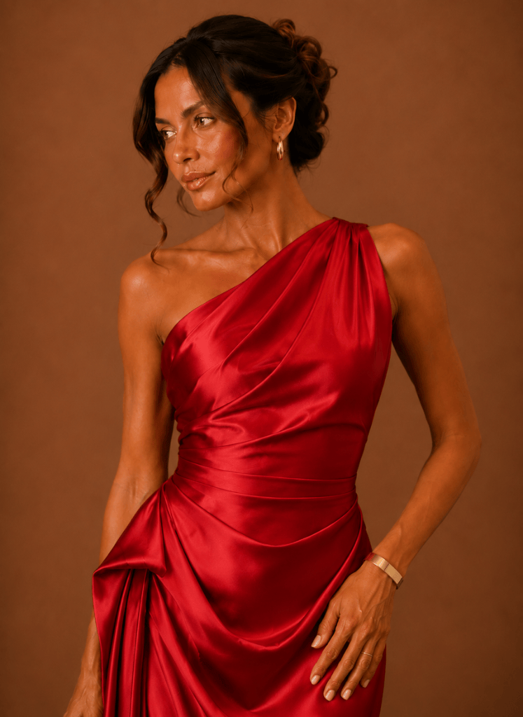 Midi-length hemline on a women's satin dress