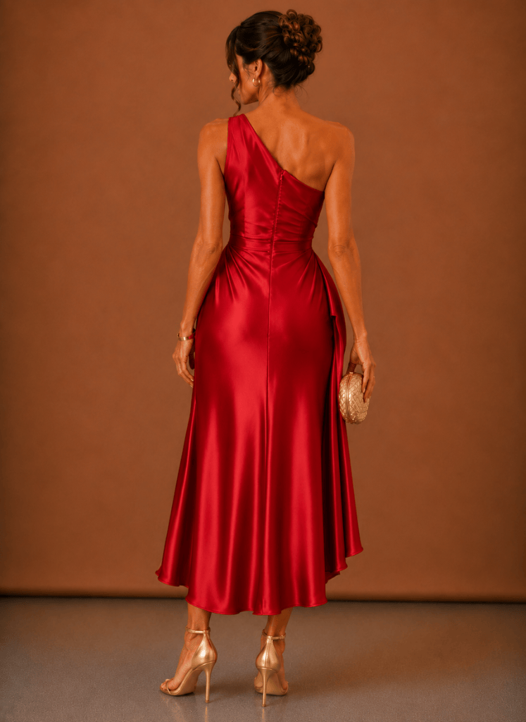 Women's satin midi dress styled for a wedding or special occasion