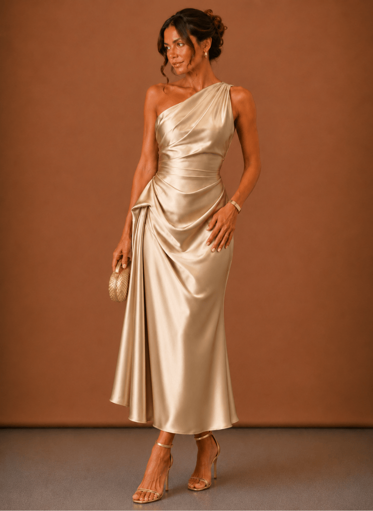 Full-length view of an elegant satin midi dress