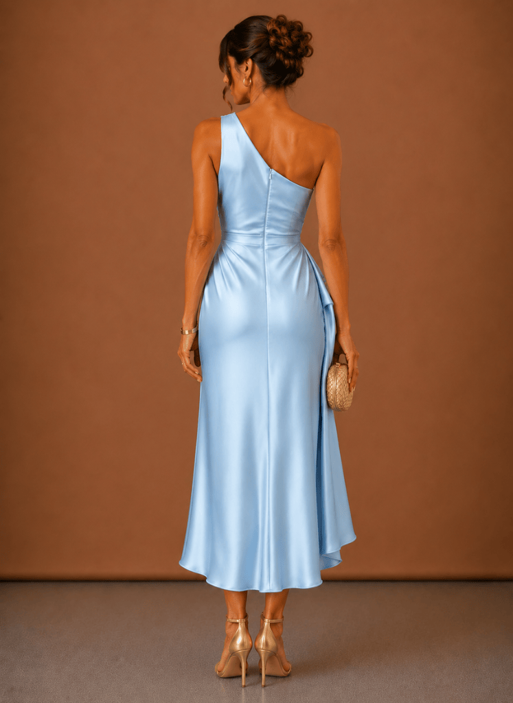 Side view of a women's satin one-shoulder midi dress