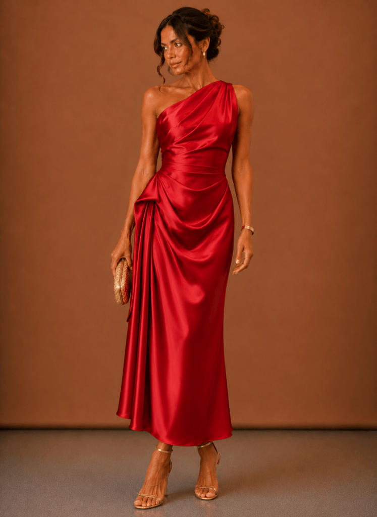 One-shoulder sleeve detail on an elegant midi dress