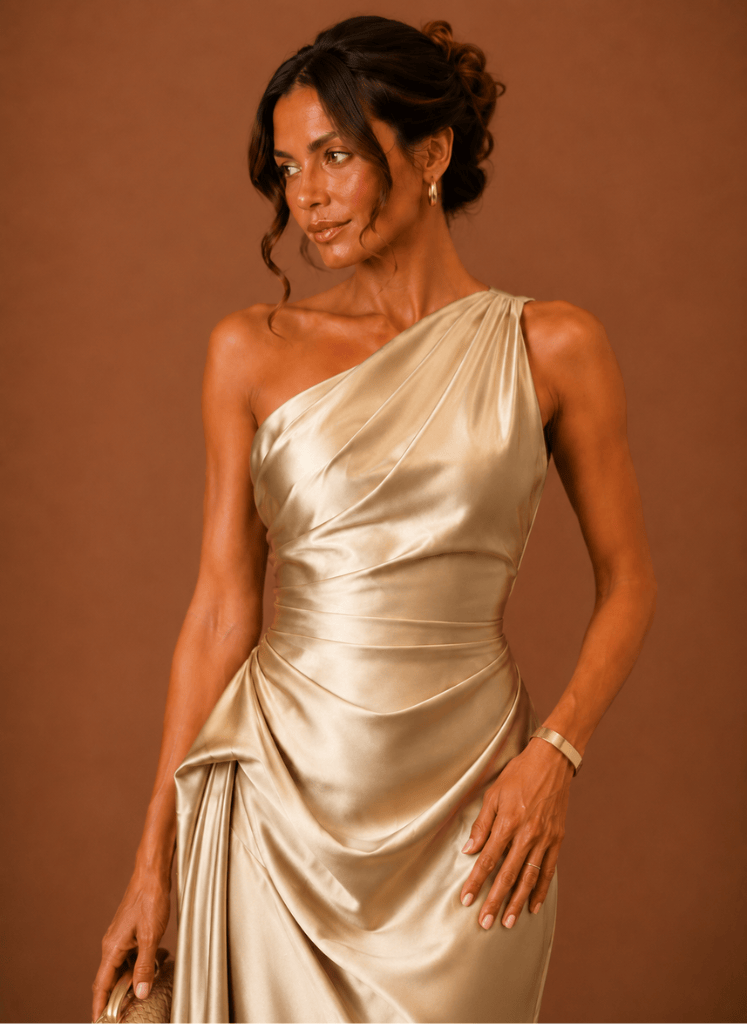 Back view of a satin midi dress with a one-shoulder design