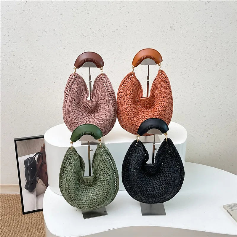 Handwoven Straw Crescent Moon Hobo Tote Bag Women