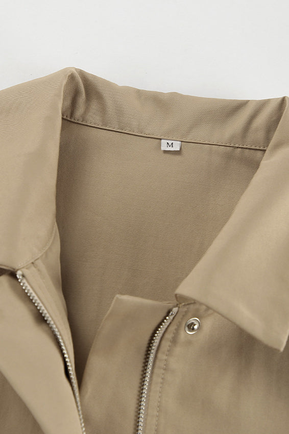 Back view of the khaki loose-fit biker coat