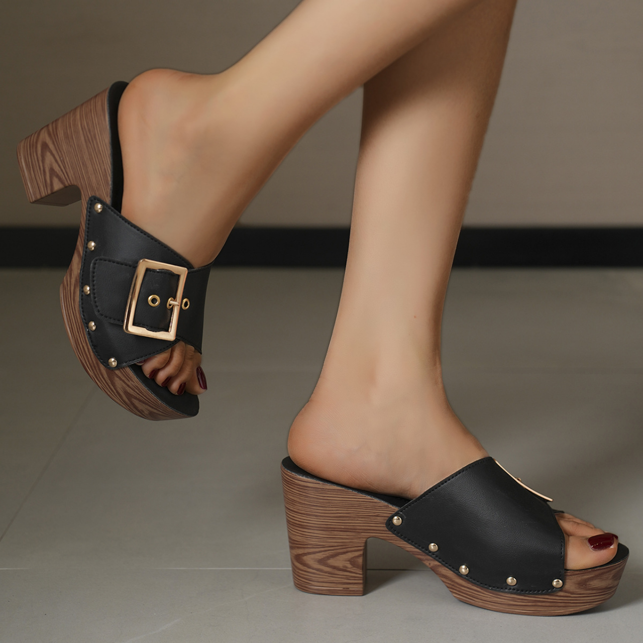 Detail view of the sandal upper and adjustable buckle strap