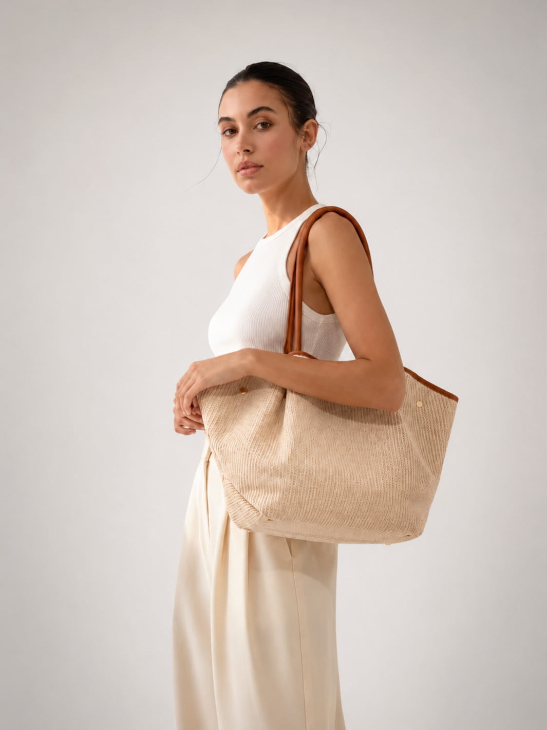 Camel Straw and Leather Tote Bag