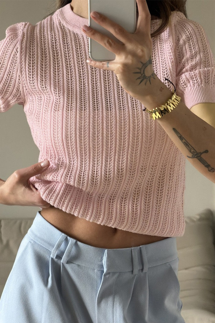Close-up of the openwork pattern on the sweater