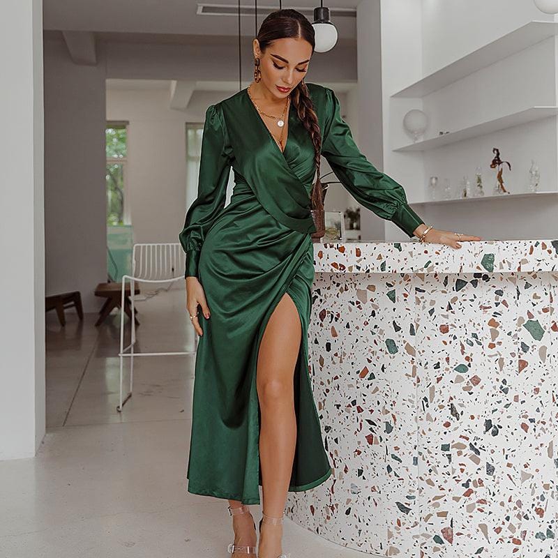 Dark Green Satin V-Neck Midi Dress