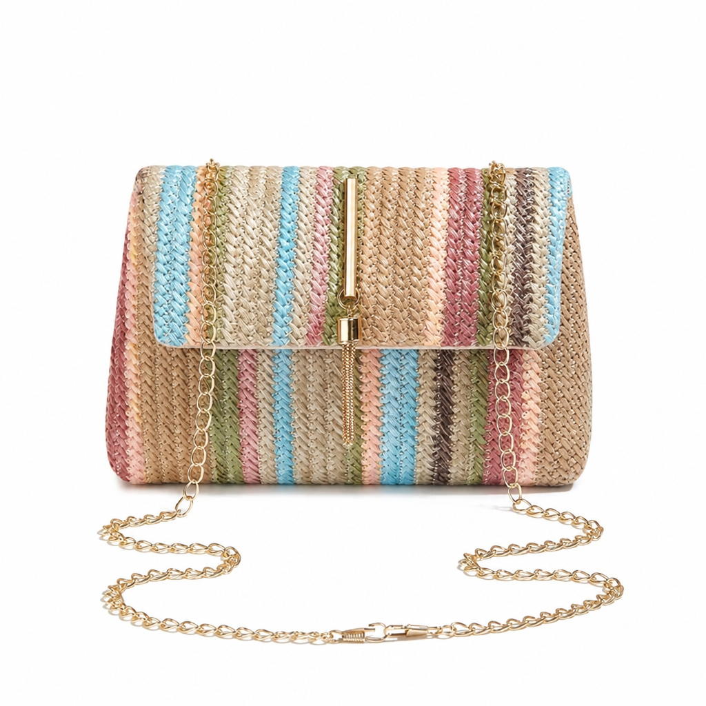 Rainbow Stripe Straw Crossbody Bag with Tassel Accent for Women