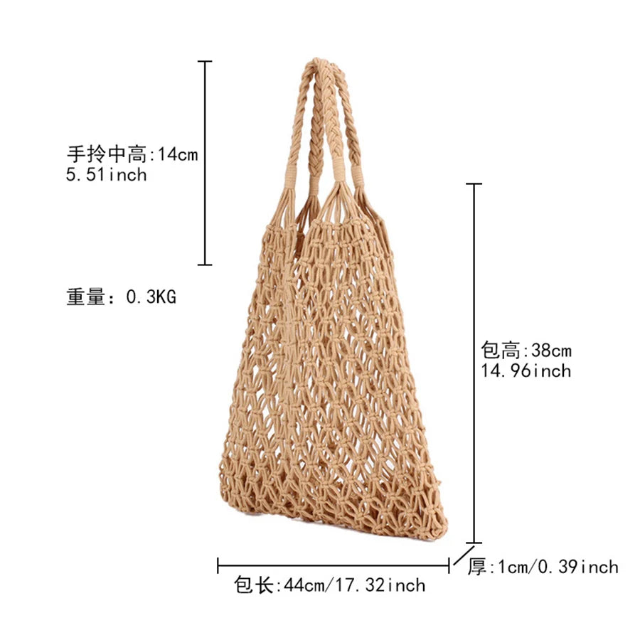 Summer Net Cotton Rope Knitted Bucket Shoulder Beach Bag for Women