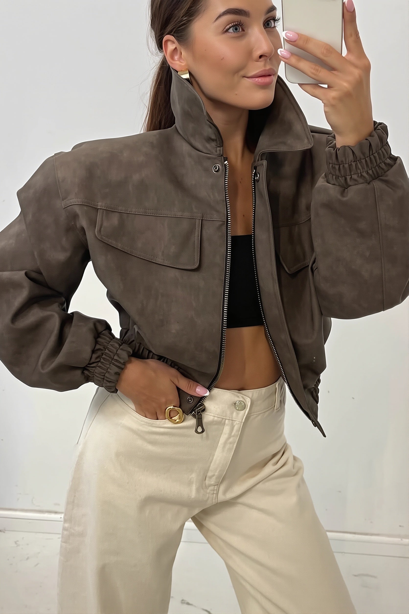 Suede look utility bomber jacket styled as an everyday outer layer