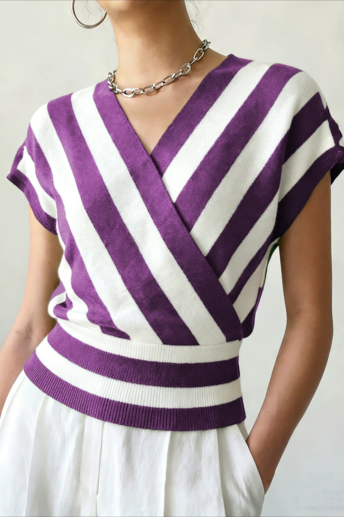 Striped Wrap Waist Short Sleeve Cardigan