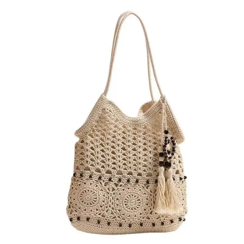Boho Crochet Tote Bag with Bead Fringe and Adjustable Straps