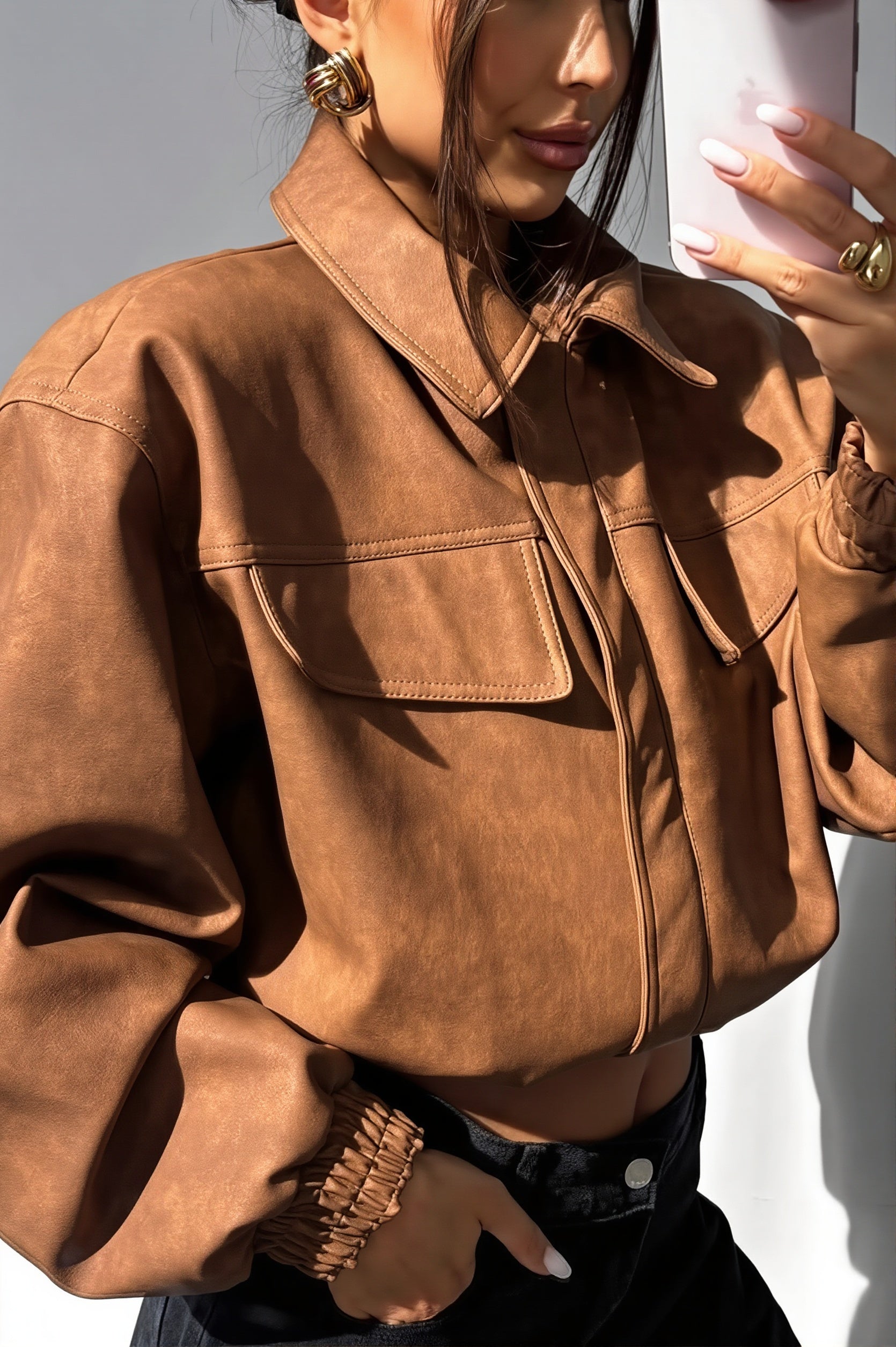 Suede look utility bomber jacket displayed from the back
