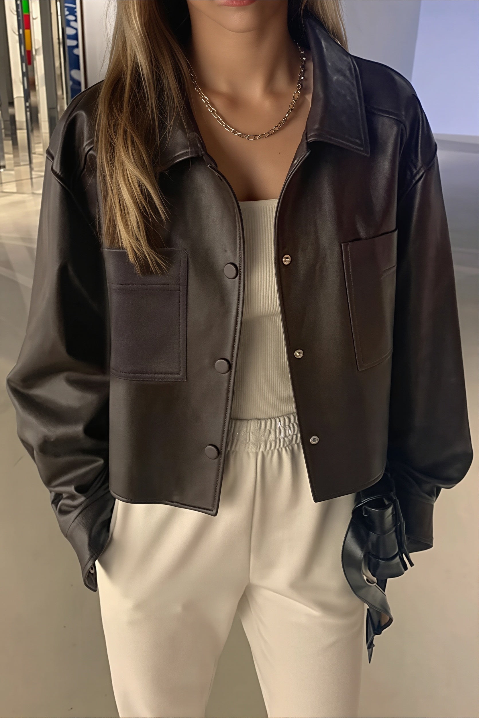 Cropped Faux Leather Shirt Jacket