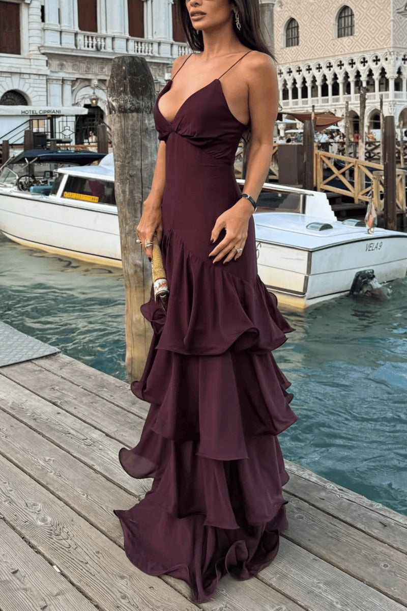 Front view of a burgundy maxi dress with a deep V-neckline