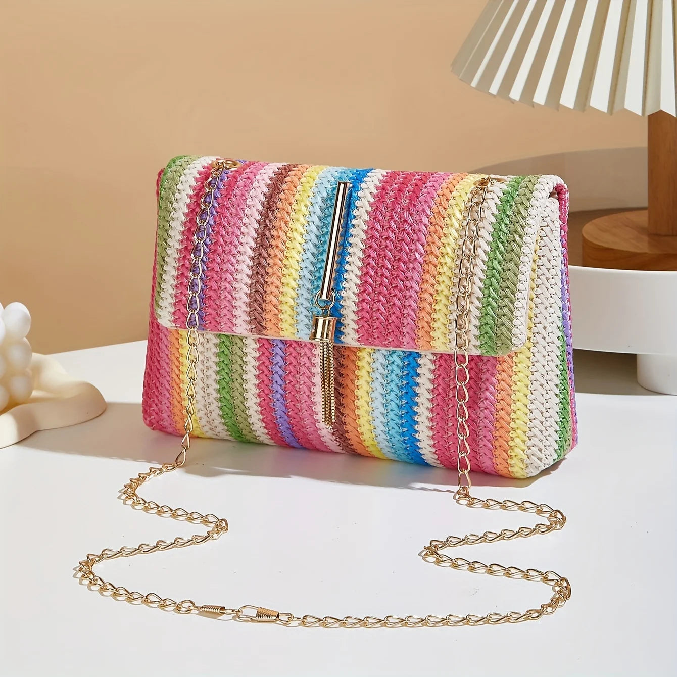 Rainbow Stripe Straw Crossbody Bag with Tassel Accent for Women