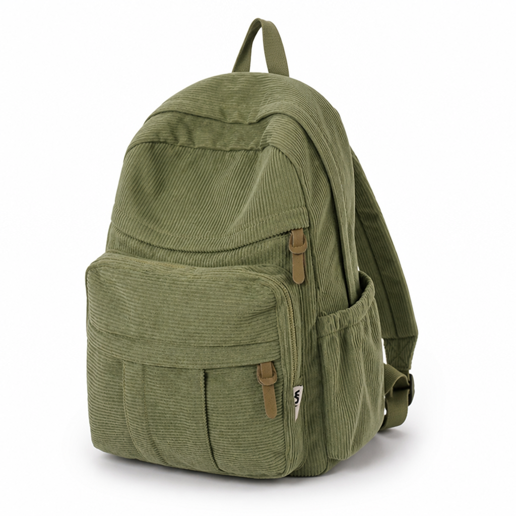 Versatile corduroy backpack displayed from the rear