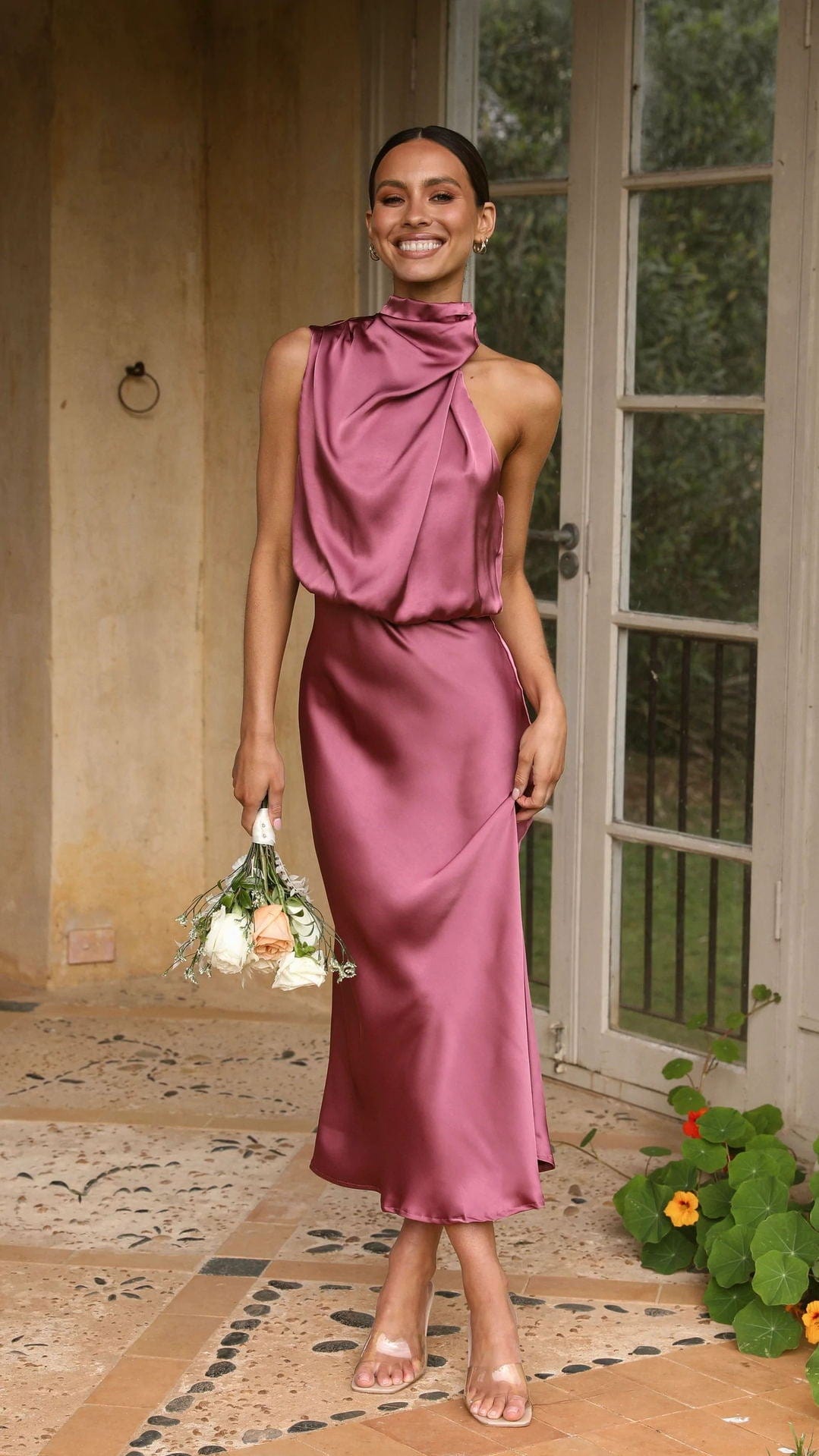 Women's dusty rose satin dress with a refined high neckline