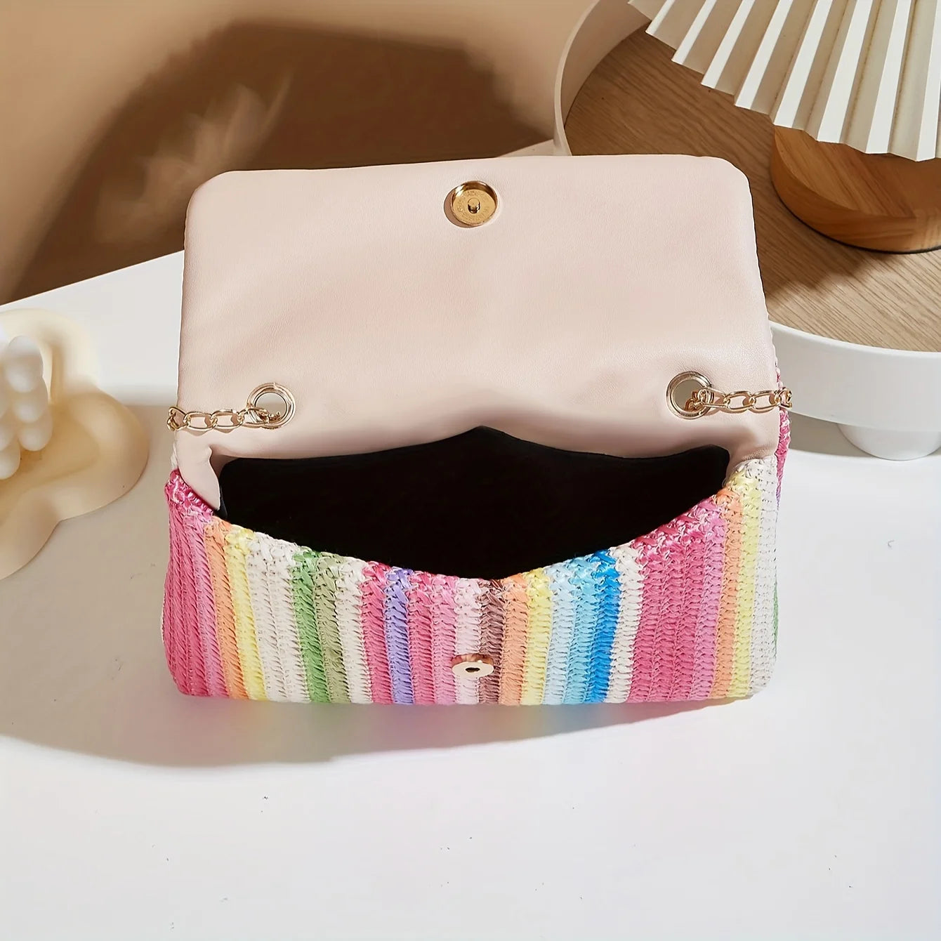 Rainbow Stripe Straw Crossbody Bag with Tassel Accent for Women