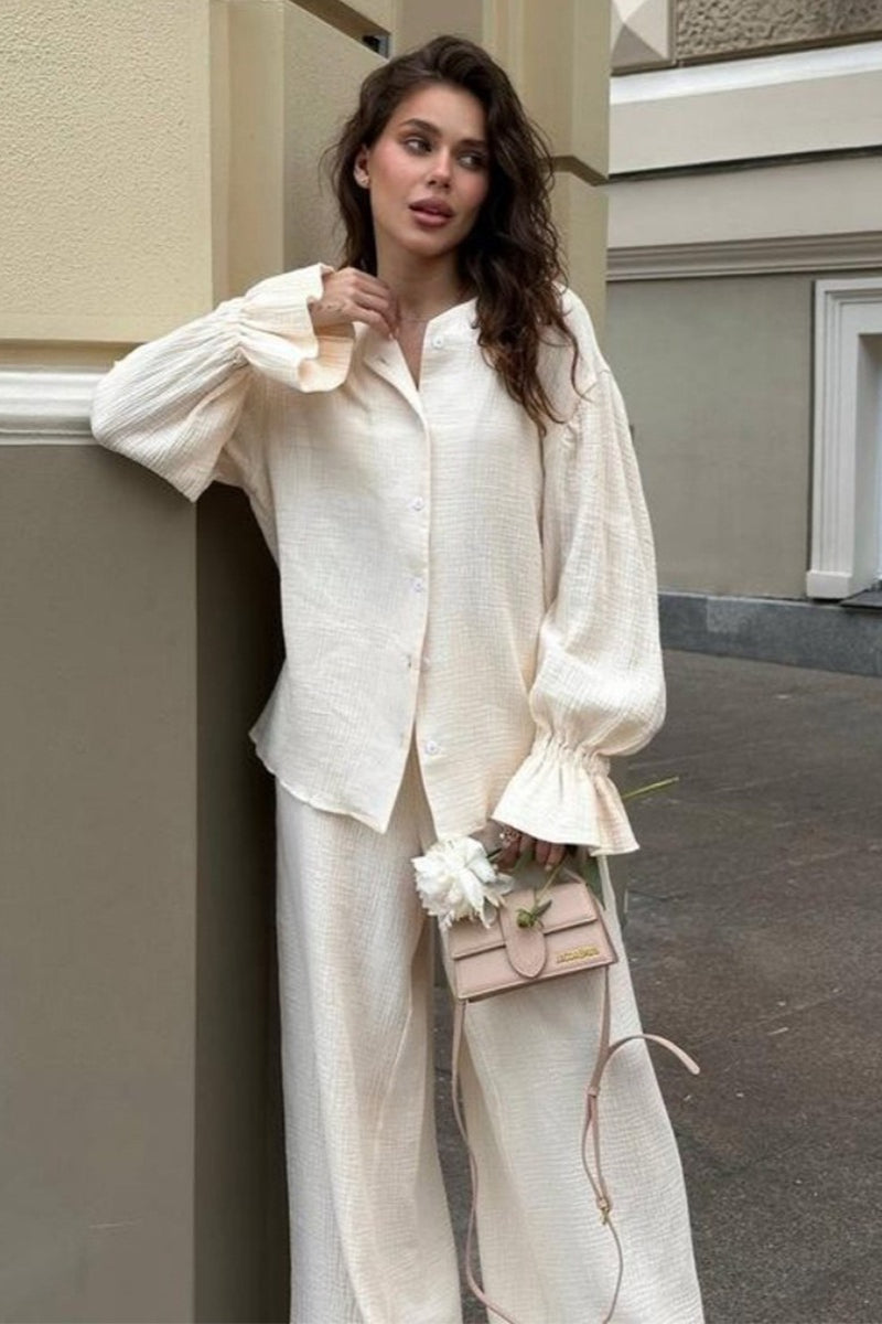 Women's Cotton Cardigan and Wide-Leg Pants Set
