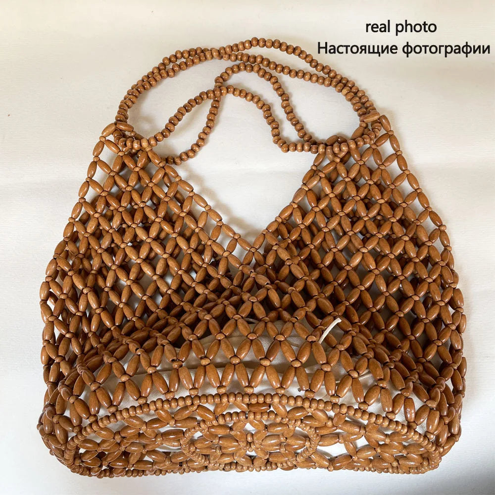 Handmade Woven Beaded Wooden Shoulder Beach Bag for Women