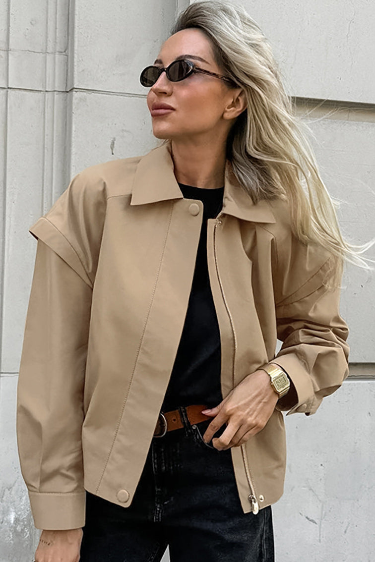 Khaki loose-fit biker coat shown from the front
